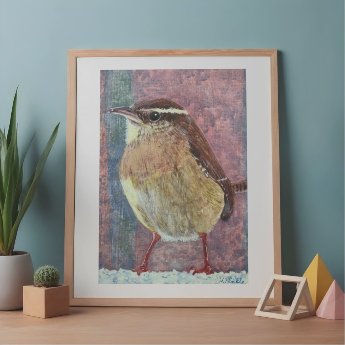 Carolina wren print in frame 